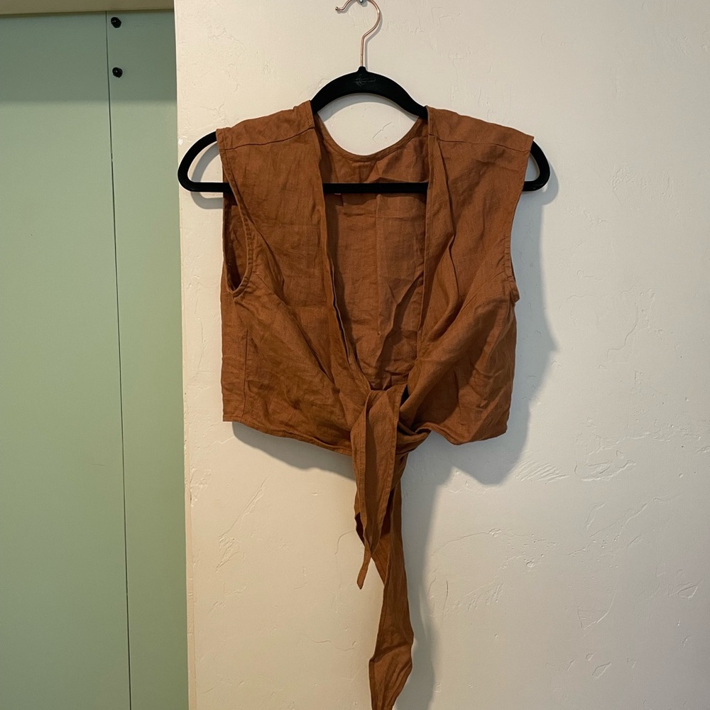 Whimsy + Row Brown Sleeveless Crop Tie-Front Tank